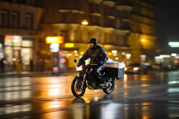 Delivery man on motorbike with food box driving through town in rain ai generative