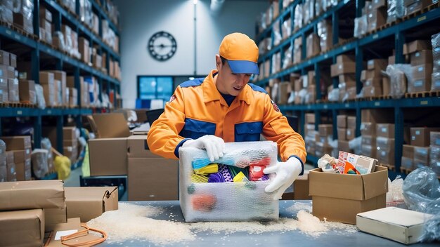 Delivery man preparing parcel for shipment to clients