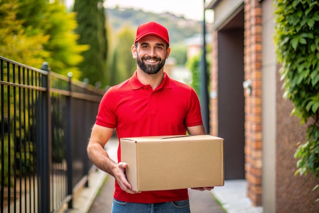 delivery man in a red t shirt holding cardboard box