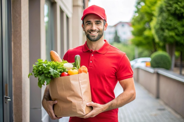 delivery man in a red t shirt holding food package