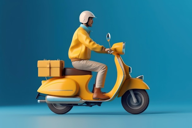 Delivery man ride scooter motorcycle for online delivery service on blue background Generative AI