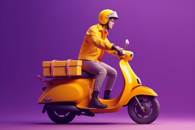 Delivery man ride scooter motorcycle for online delivery service on purple background Generative AI