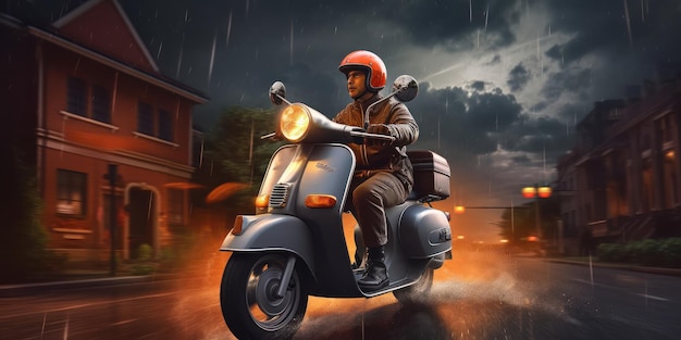 Delivery man ride scooter motorcycle on thunder storm background Generative AI