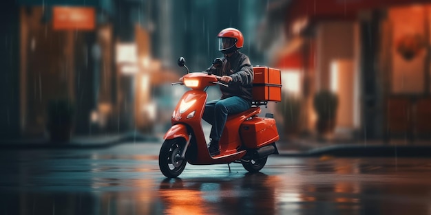 Delivery man ride scooter motorcycle with motion blur cityscape background Generative AI