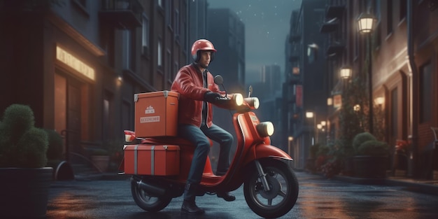 Delivery man ride scooter motorcycle with motion blur cityscape background Generative AI