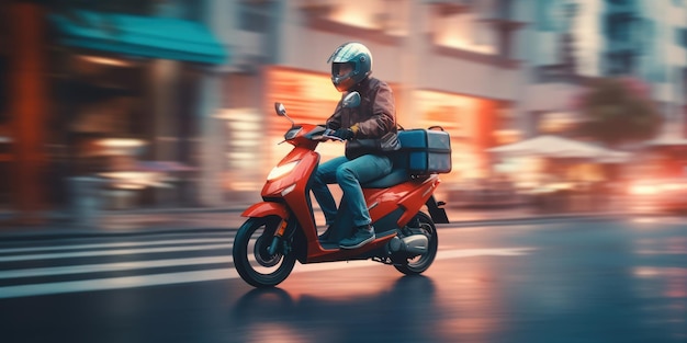 Delivery man ride scooter motorcycle with motion blur cityscape background Generative AI