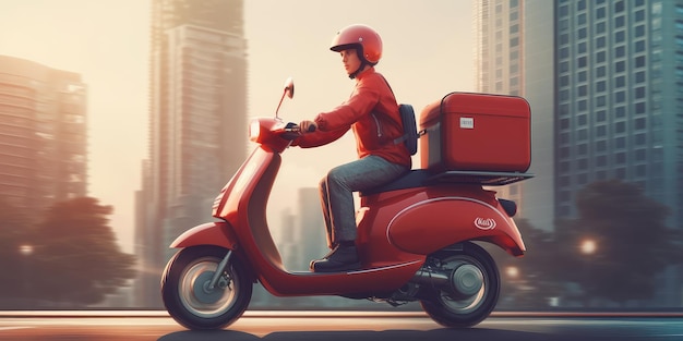 Delivery man ride scooter motorcycle with motion blur cityscape background Generative AI