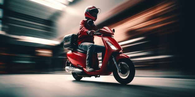 Delivery man ride scooter motorcycle with motion blur cityscape background Generative AI