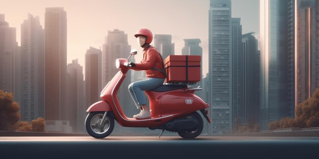 Delivery man ride scooter motorcycle with motion blur cityscape background Generative AI