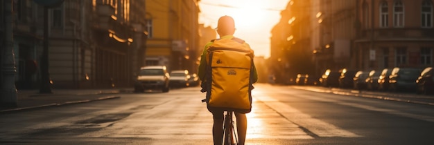 Delivery man rides a bicycle and delivers goods around the city with a delivery backpack Generative