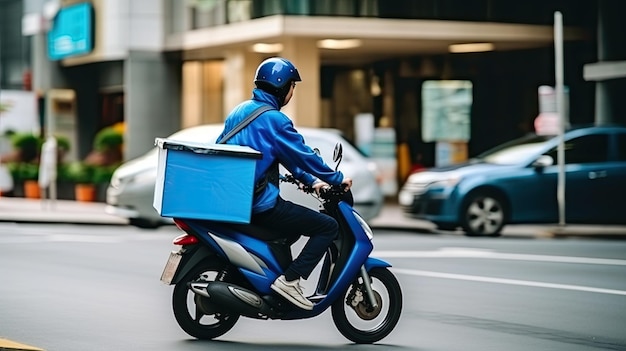 A delivery man riding a scooter in the city He is wearing a blue uniform and a helmet He is carrying a blue delivery box on the back of the scooter