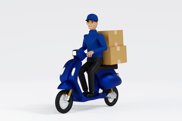 Delivery man on scooter delivery parcel box shipment service and mail delivery courier 3D rendering