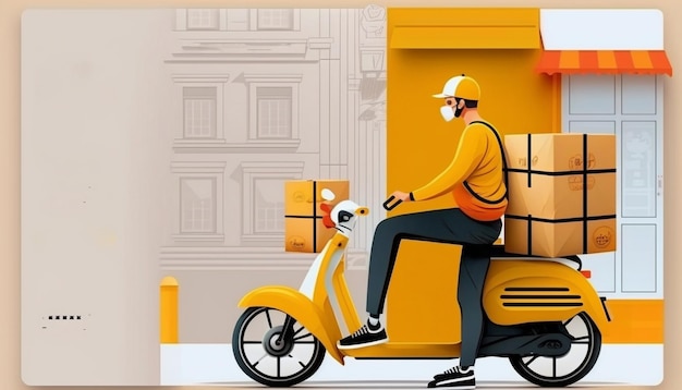 A delivery man on a scooter with a box on the front.