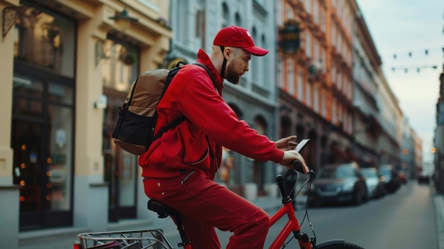 Photo delivery man searching address with mobile phone on city street bike courier using smartphone