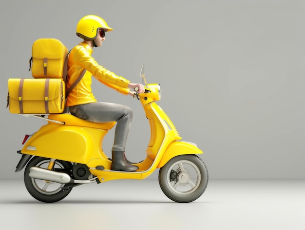 A delivery man wearing a yellow helmet and jacket rides a yellow scooter carrying two large yellow backpacks