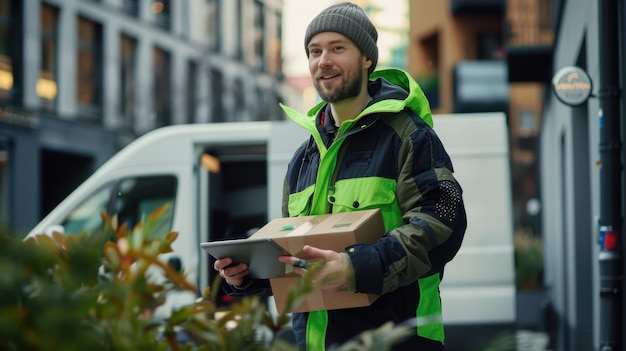 Photo the delivery man with parcel