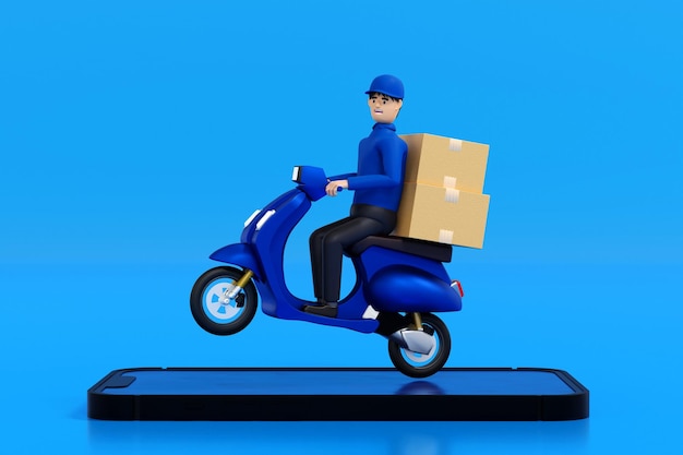 Delivery man with scooter and big smartphone fast delivery order in mobile application 3D rendering