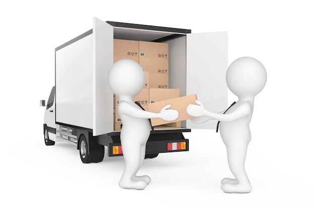 Delivery Men Persons Unloading Cardboard Parcel Boxes from Cargo Van Truck on a white background. 3d Rendering