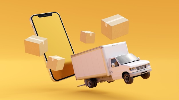 Delivery online tracking isometric banner concept with smartphone parcel box truck pin on blue background Logistic order delivery service 3d design 3d render for web mobile app