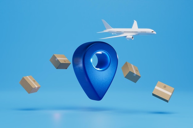 Delivery of parcels by plane to the specified place plane parcels and point gps on a blue background