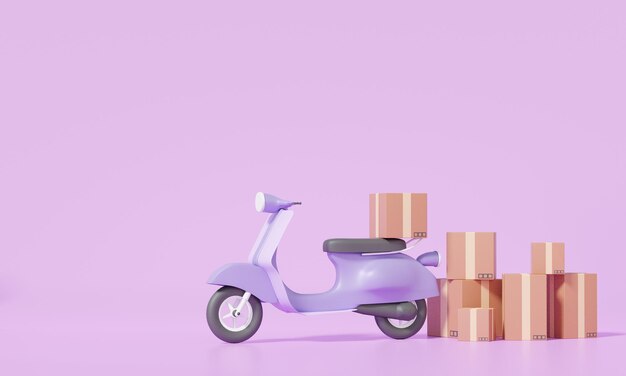 Delivery parcels concept motorcycle scooter fast speed on Model road home and office shipping service express trunking on Purple background copy space for text banner 3D rendering illustration