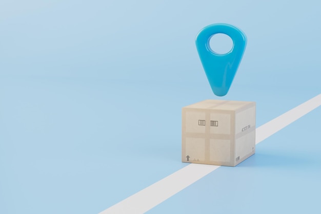 Delivery of parcels to the specified address Parcel and GPS point on a blue background 3D render