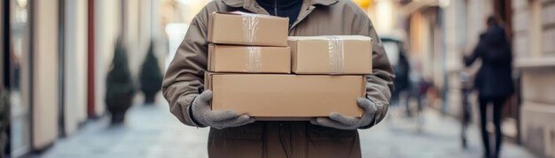 Photo delivery person cardboard boxes