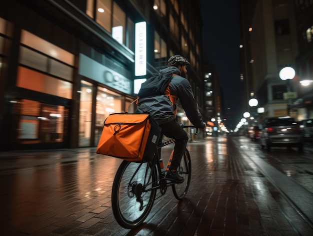 Delivery person cycling through the city to drop off packages