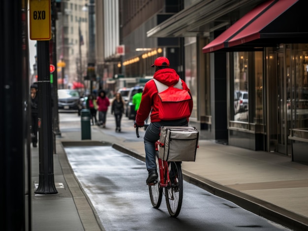 Delivery person cycling through the city to drop off packages