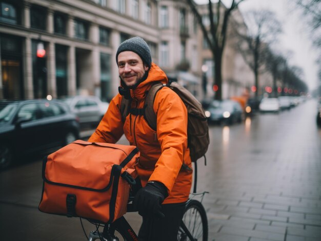 Delivery person cycling through the city to drop off packages