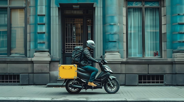 delivery person on front of blue building