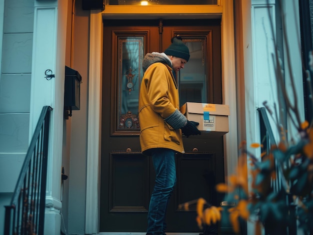 Photo delivery person leaving a package on a doorstep hyperelliptic photography