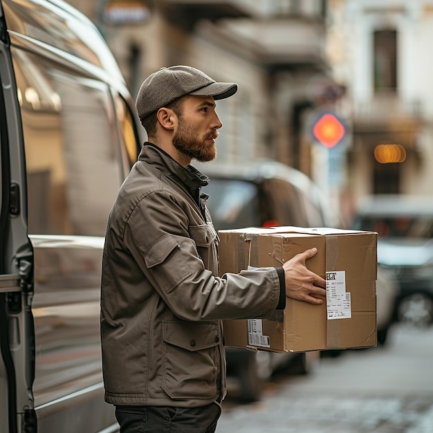 Delivery Professional with Package and Casual Uniform Against Urban Background