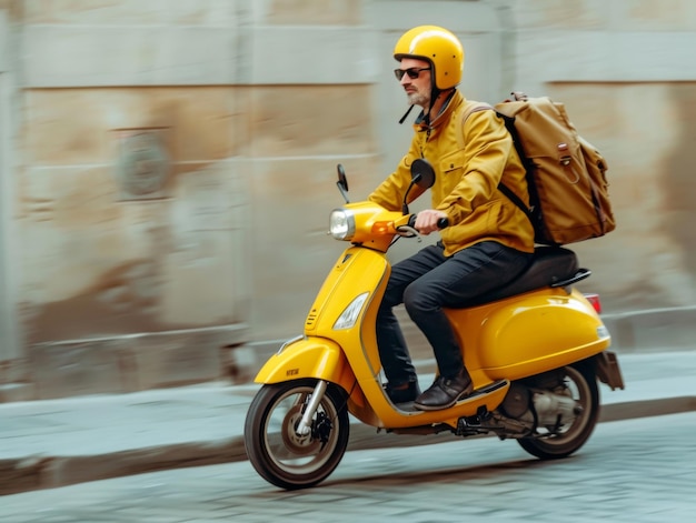 A delivery rider wearing a yellow helmet and jacket riding a yellow scooter on a city street