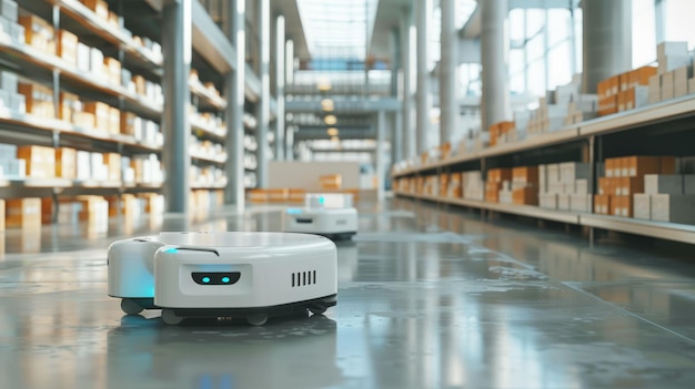 Delivery robots with sensors parked in modern spacious warehouse with goods in shelves for shipment against blurred interior