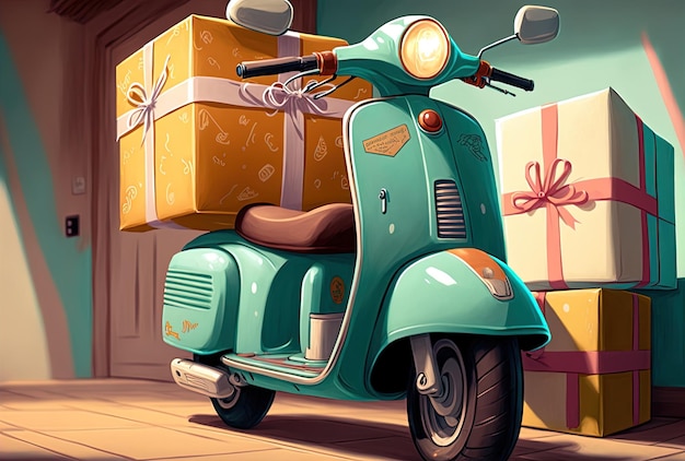 A delivery scooter with present boxes is seen