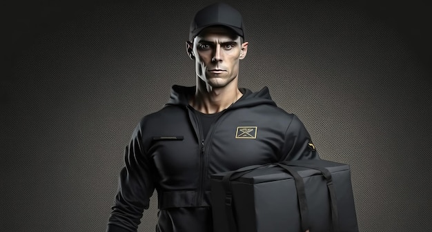 A delivery service man in a black uniform jacket with a box ai generated