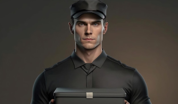 A delivery service man in a black uniform jacket with a box ai generated