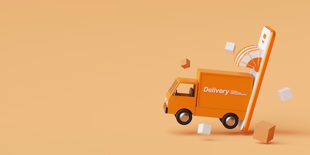 Delivery service on mobile application Transportation delivery by truck 3d rendering