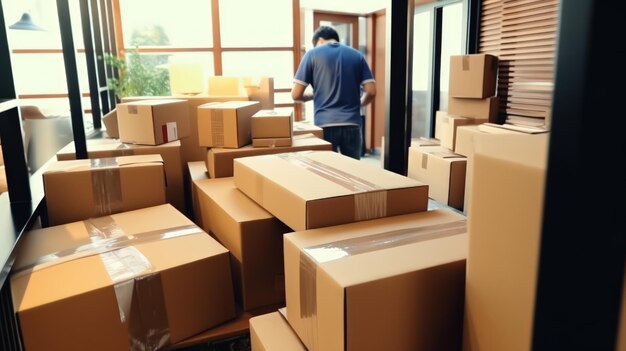 Delivery serviceman while working in a postal service warehouse