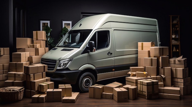 Delivery truck Delivery van and many cardboard boxes The warehouse Generative AI