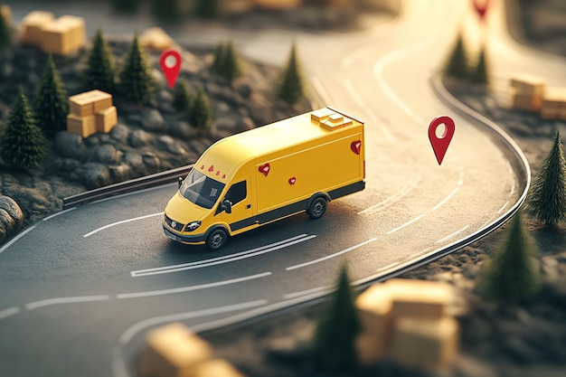 Photo delivery truck navigating an urban cityscape with floating packages and geolocation pins representin