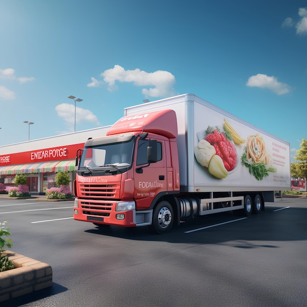 A Delivery Truck Parked in Front of a Grocery Store Sliced View