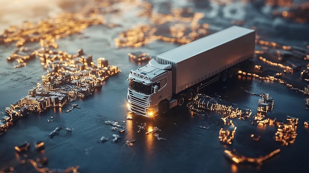 Photo delivery truck traveling across a world map at dawn transporting products between locations