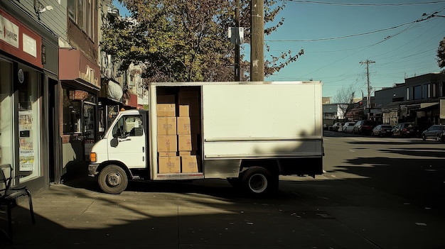 Photo delivery truck with doors open and boxes inside on busy street wideangle natural light scene