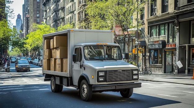 Photo delivery truck with doors open and boxes inside on busy street wideangle natural light scene