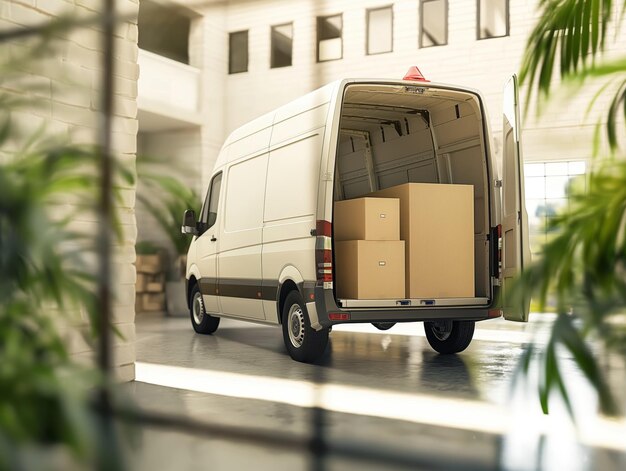 Delivery van are parked in large distribution warehouse Commercial Shipping service company