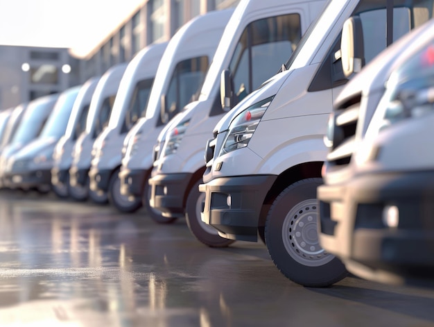 Delivery vans are parked in rows Commercial Shipping service company delivery of vans in a row