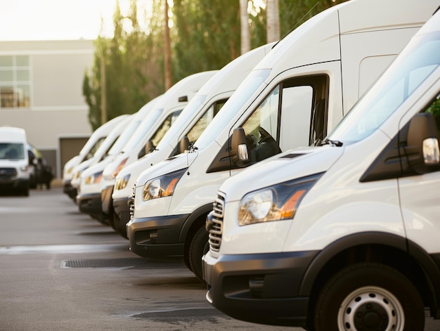 Delivery vans are parked in rows Commercial Shipping service company delivery of vans in a row