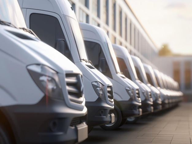 Photo delivery vans are parked in rows commercial shipping service company delivery of vans in a row